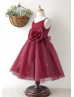 Burgundy Pleated Tulle Stunning Flower Girl Dress With Flower Sash